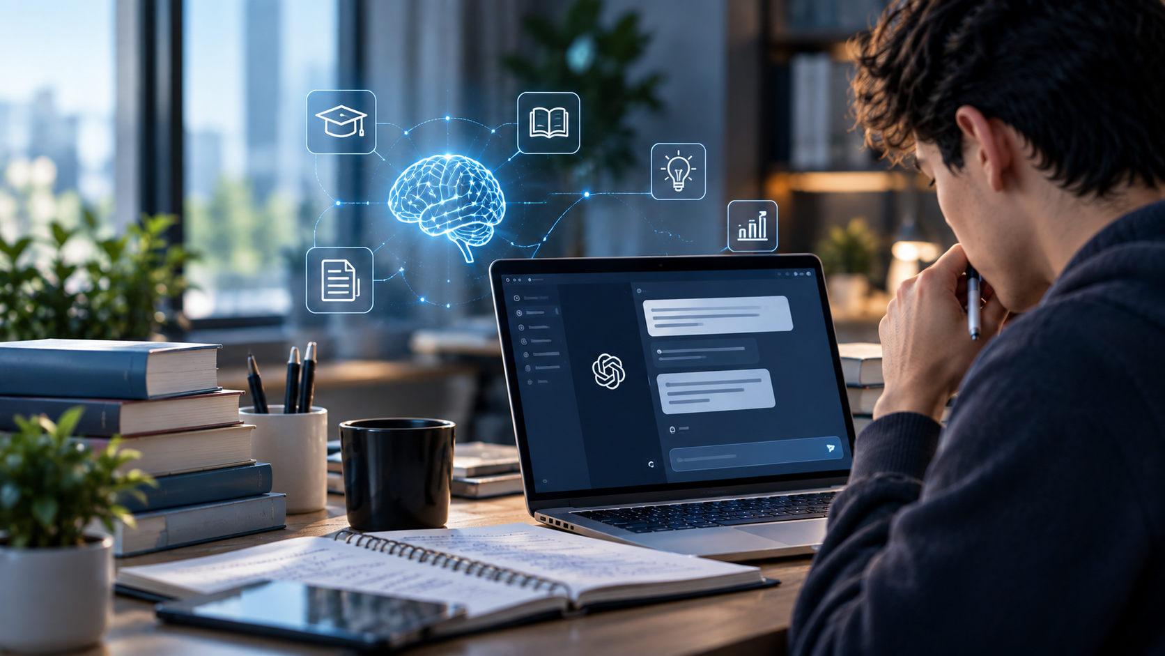 Estudiante usando inteligencia artificial como apoyo para estudiar y resolver tareas.
