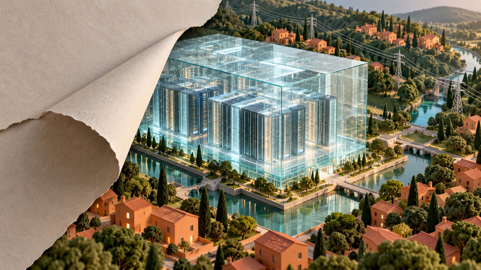 Ilustración conceptual de un centro de datos transparente junto a viviendas y redes de agua y energía.