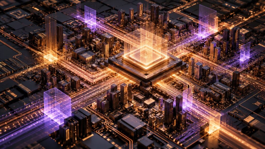 Ilustración conceptual de circuitos de un chip reorganizados mediante formas luminosas.