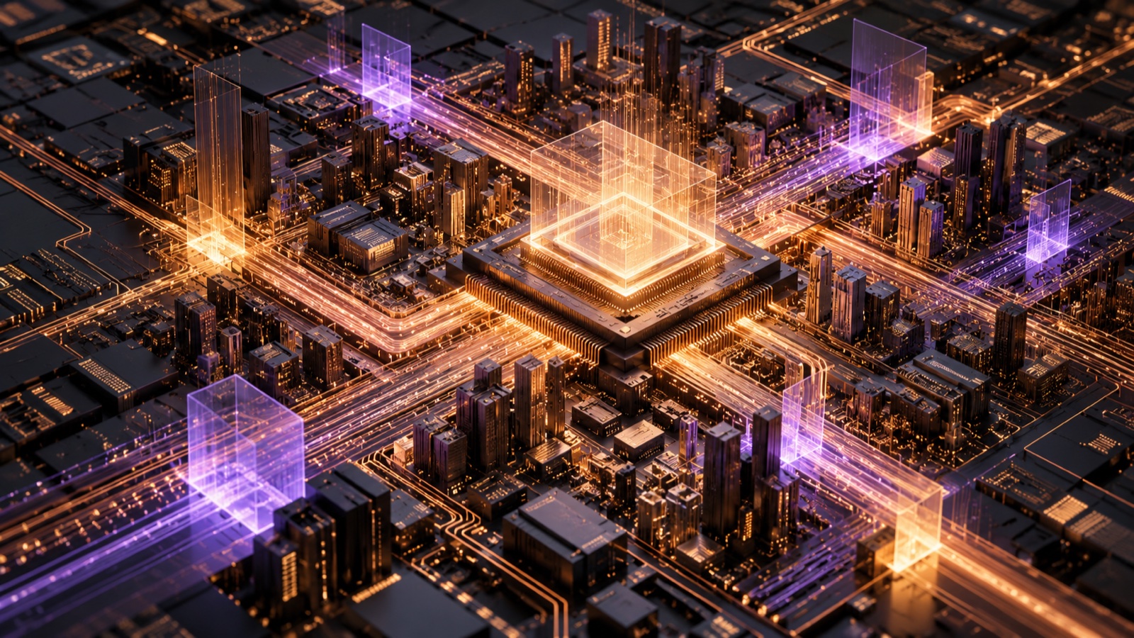 Ilustración conceptual de circuitos de un chip reorganizados mediante formas luminosas.